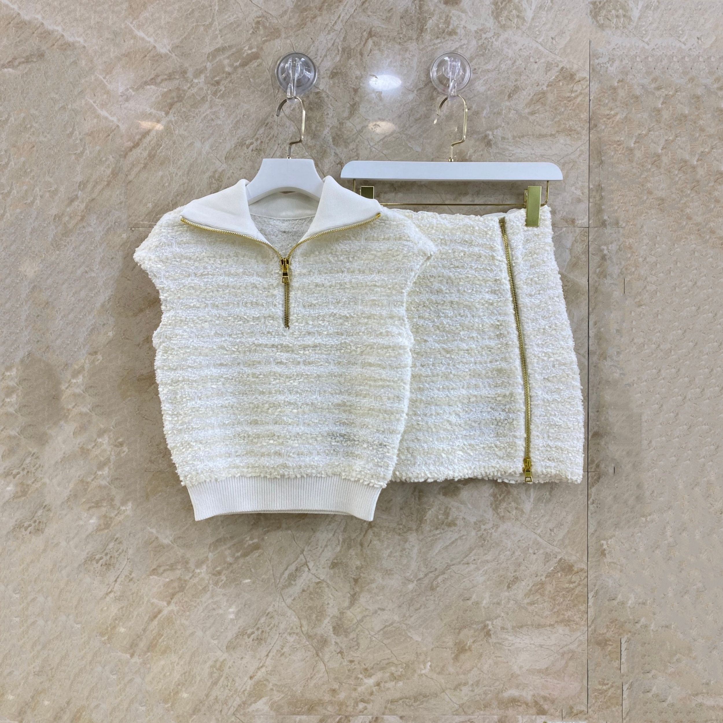 balmain tweed zip-up vest and skirt set